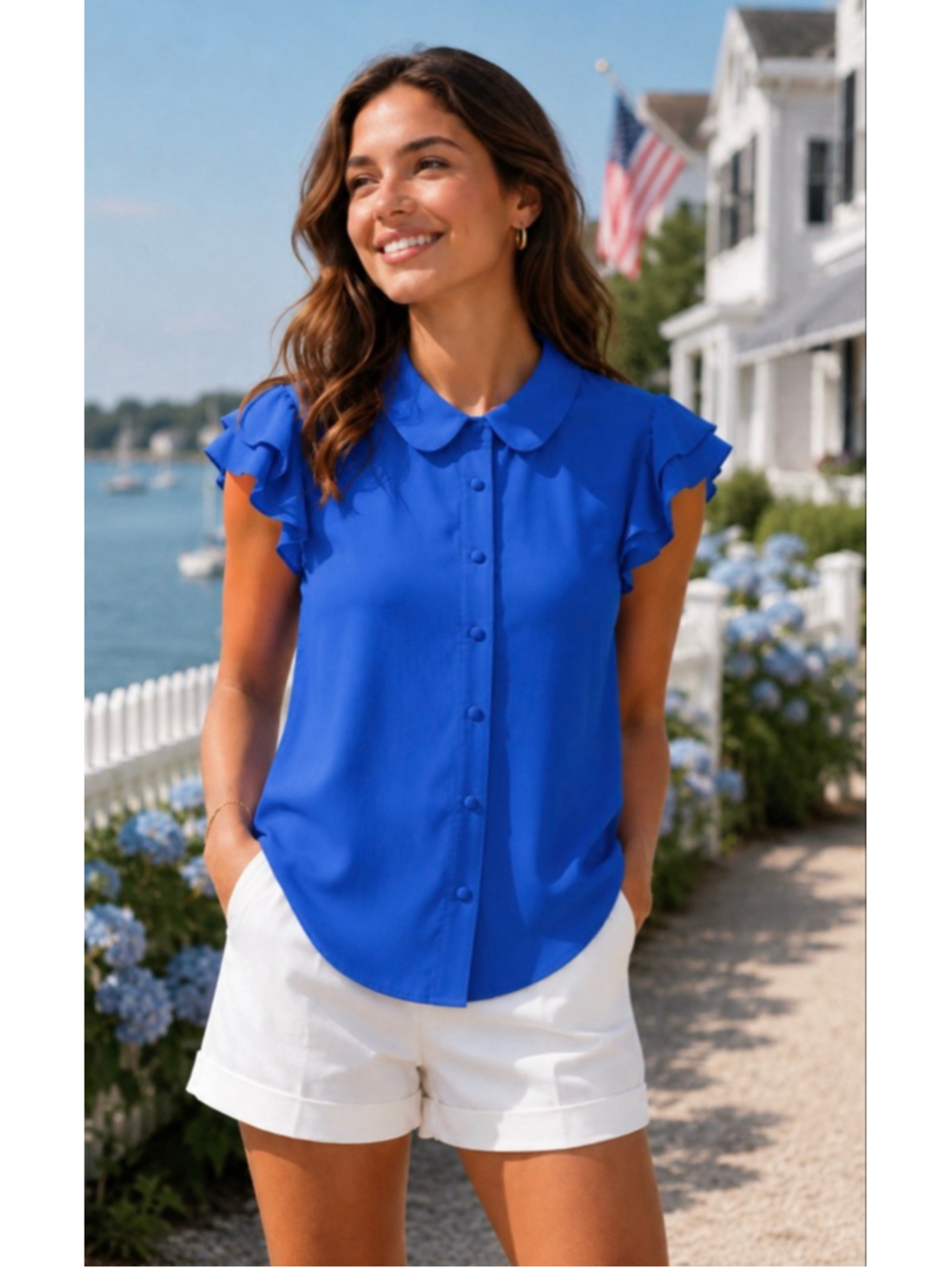 NWT Alice + Olivia Blue Silk Blend Ruffled Blouse M